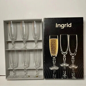 Bohemia Ingrid Glasses Crystal Czechoslovakia Champagne Flutes Set 6 with box